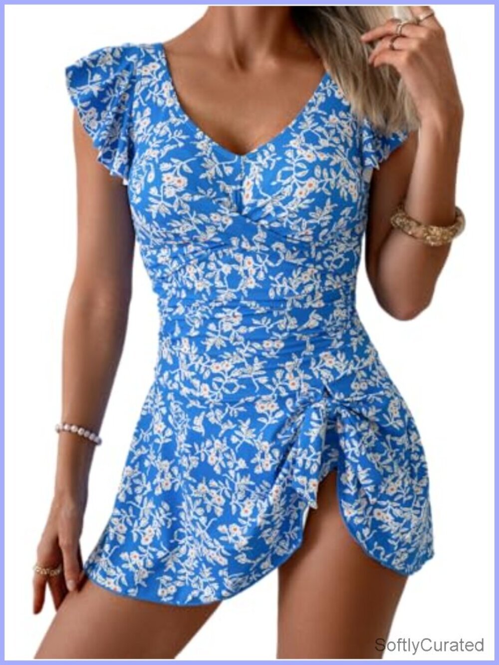 Tummy Control Swimdress Ruffle Cap Sleeve V-Neck One Piece Swimsuit with Skirt